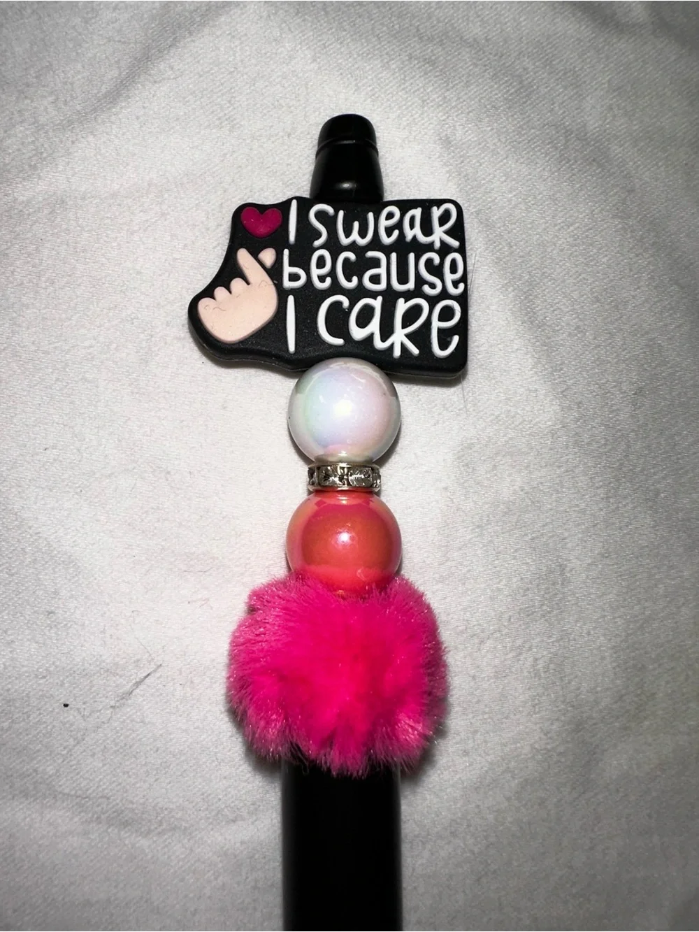 I Swear Because I Care Pink Fuzzy Black Ballpoint Pen